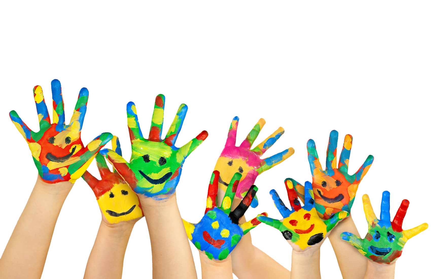 Eight children's hands raised all painted in multiple colors with smiley faces.